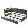 Multifunktionales Schlafsofa 90x200 mit LED und USB, Jugendbett mit Lattenrost und Schubladen, Leinen Grau