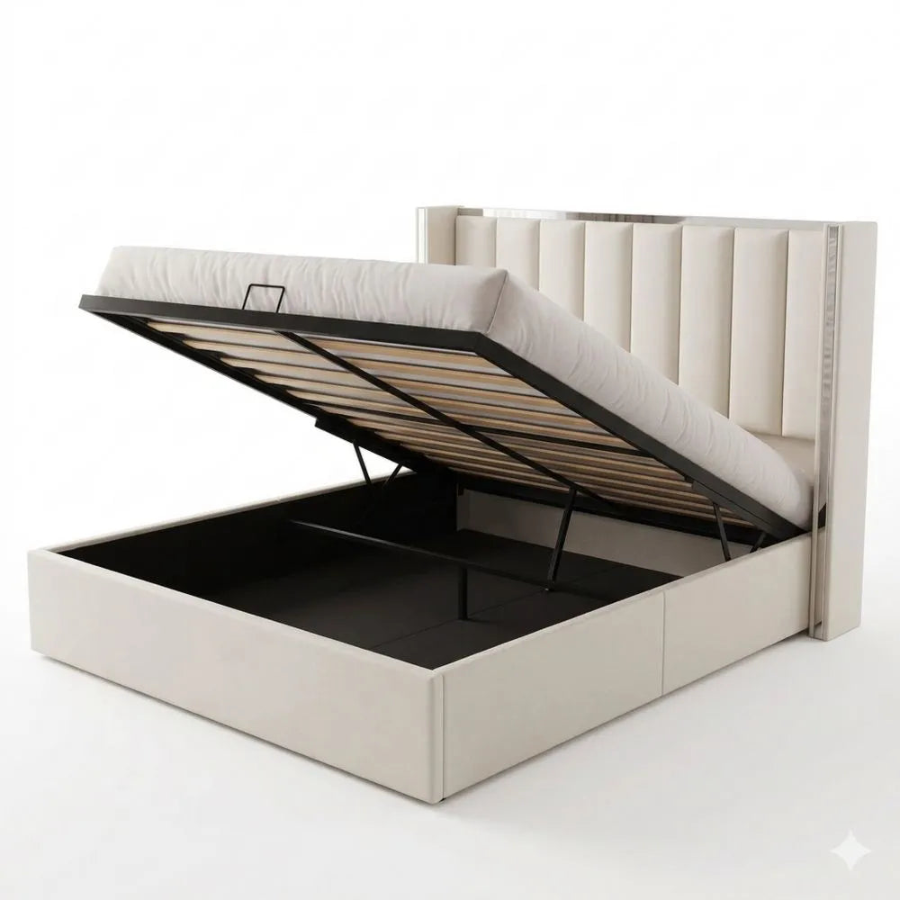 Doppelbett mit Stauraum und Hebefunktion aus Samt in Schwarz