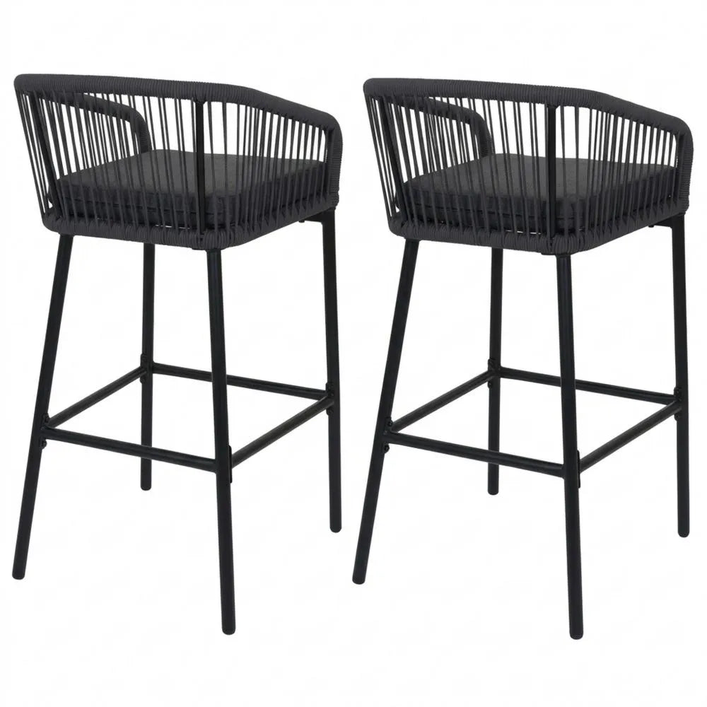 Set aus 2 Barhockern mit Sitzpolster für Outdoor, Seilgeflecht und Metall - anthrazit, Kissen dunkelgrau